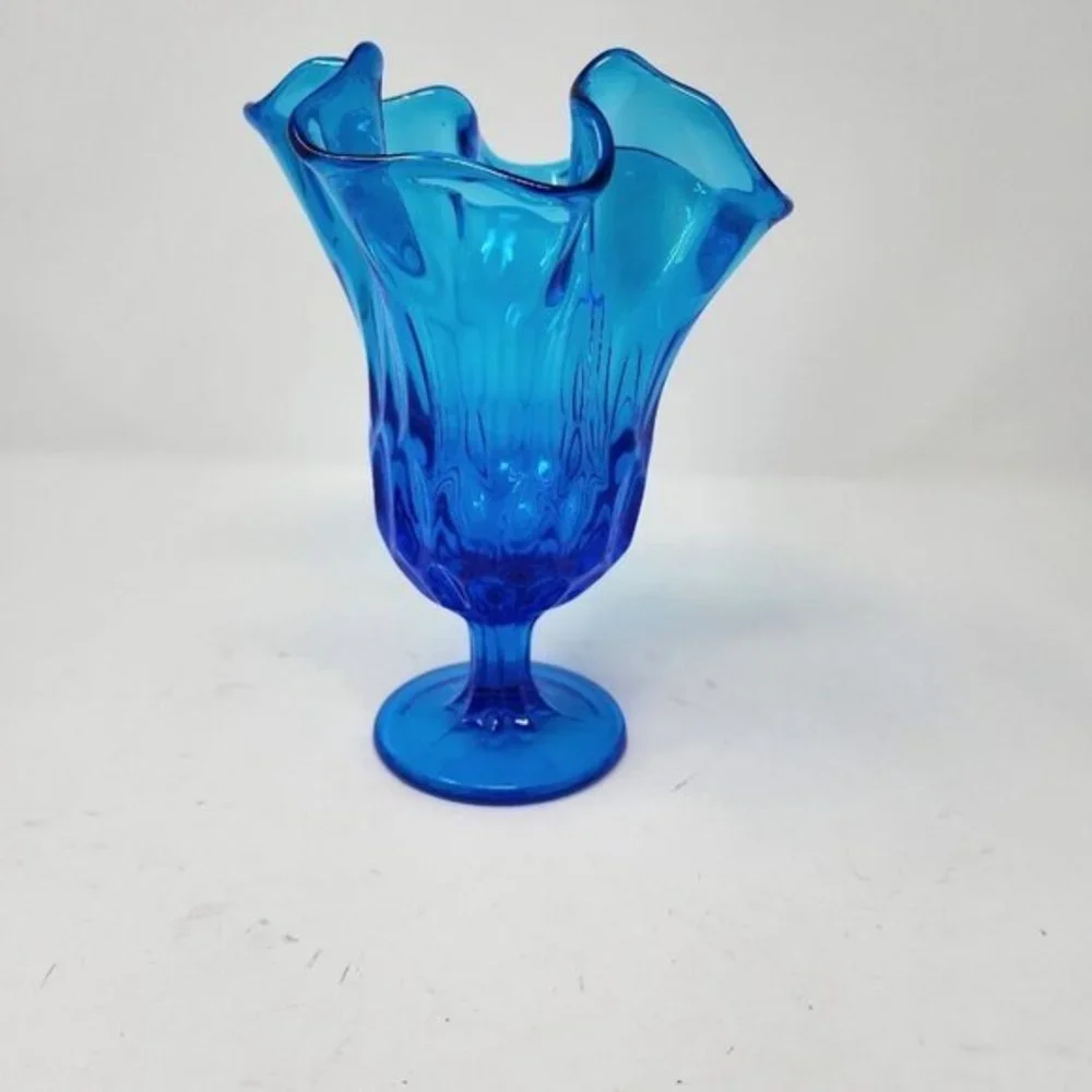 Vtg Fenton Swung Stretch Handkerchief Pedestal Thumb Print Colonial‎ Blue Vase